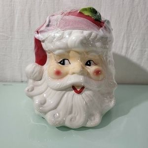 COPY - NWT Beautiful Santa Head Cookie Jar Santa red hat rosy cheeks curly bear…